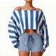 Women's casual loose-fitting home blue and white striped suit