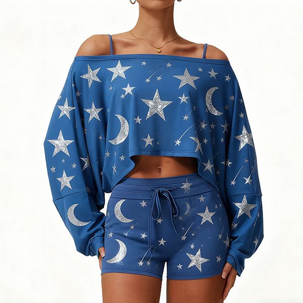 Women's casual loose-fitting home wear set with detachable star and moon design