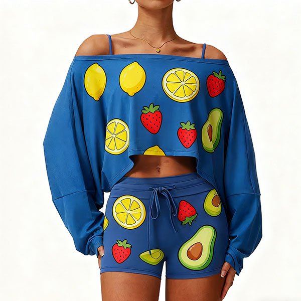 Women's casual loose-fitting home wear set with cute fruit pattern and detachable design