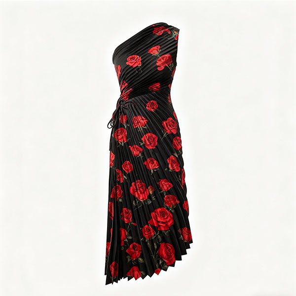 Women's Retro Elegant Red Rose Print Slim Fit Dress