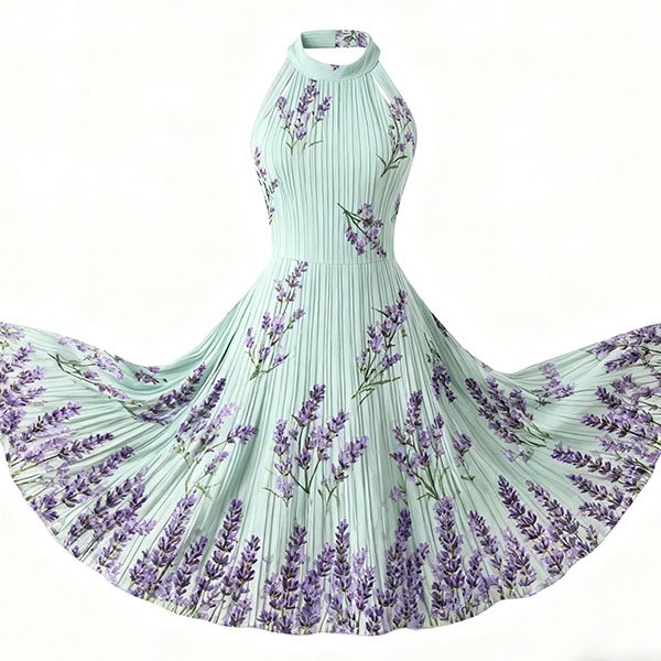 Lavender Print Vintage Halter Neck Dress for Women