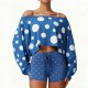 Women's casual loose-fitting home wear blue and white polka dot cute design set