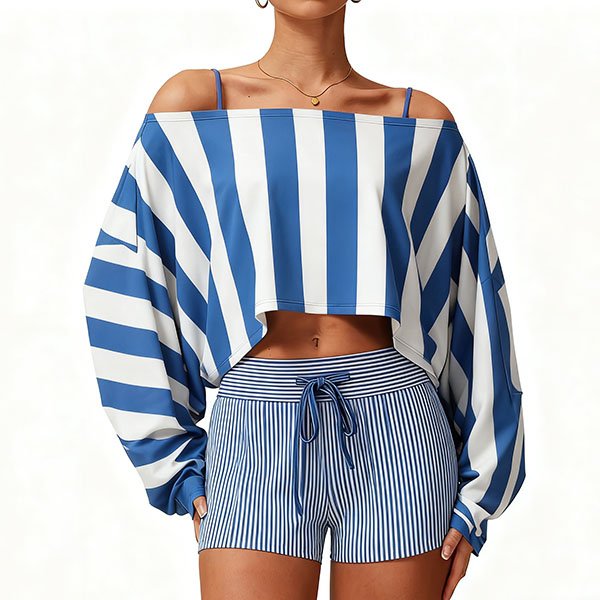 Women's casual loose-fitting home blue and white striped suit