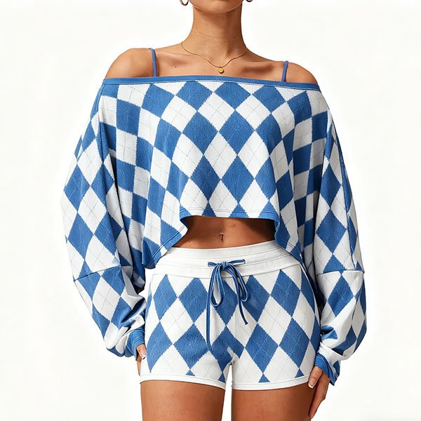 Women's casual loose-fitting home suit with detachable diamond pattern design